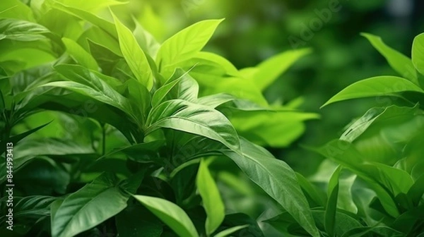 Fototapeta close-up of a lush tea tree, illuminated by natural light. The leaves look healthy and vibrant, with various shades of green creating a dynamic and lively atmosphere.