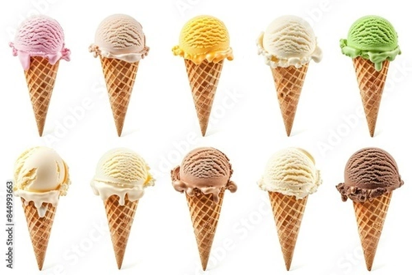 Fototapeta Assorted ice cream scoops in cones on white background