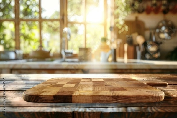 Fototapeta Selective focus.End grain wood counter top with cutting board on blur kitchen in morning window background.For montage product display or design key visual - generative ai