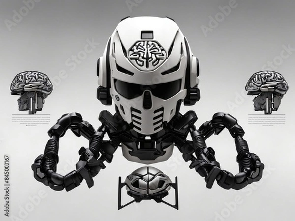 Fototapeta "Neural Sentinel: Symmetrical Special Forces Badge with Minimalist Stylized Cyborg Brain, Black Ink on White"