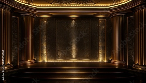 Obraz A gold room with a stage and a large wall with a gold frame