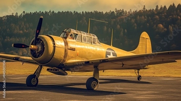 Fototapeta a single-engine airplane with a propeller in flight, with its landing gear in the open position
