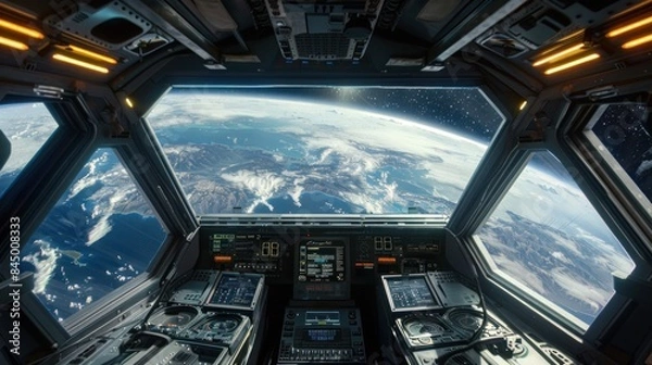 Obraz Inside a spaceship with a 3D view of space and planet earth.