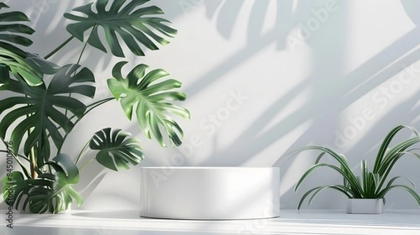 Fototapeta 3D product presentation background with white podium and monstera leaf.