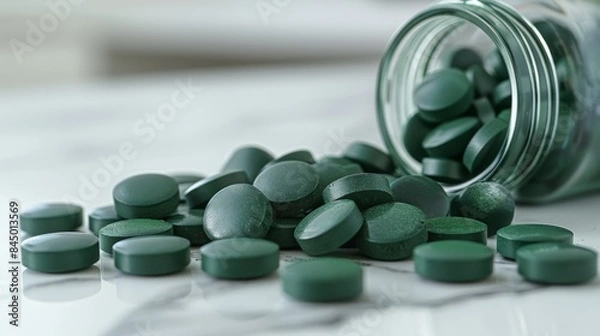 Obraz A glass jar of dark green spirulina tablets spills onto a white marble surface, highlighting the texture and color of the supplement.