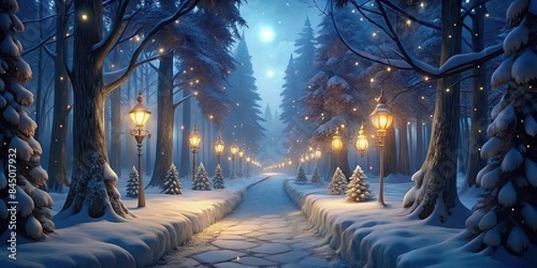 Fototapeta Snowy path in Christmas forest with fairy lights on trees, winter, holiday, landscape, snowy, scenic, pine trees, magical, serene, peaceful, festive, illumination, Xmas, background, forest
