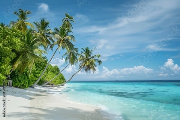 Fototapeta picturesque seascape of the maldives with turquoise sea sandy beach and palm trees