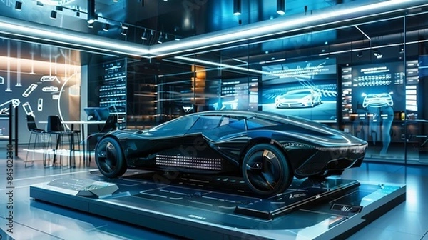 Obraz a black high tech futuristic software defined vehicle on a moving pedestal , still in developmental phase , modern high tech environment , airbrushes and glass walls showing digital car design