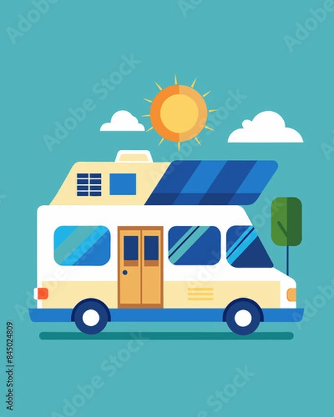 Fototapeta With its solar panels collecting energy during the day this RV is ready to go offgrid and take you on an unforgettable adventure.. Vector illustration
