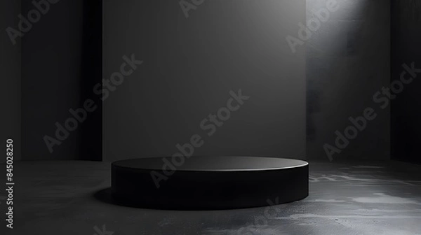 Fototapeta Pedestal of Platform display with black stand podium on dark room background. Blank Exhibition or empty product shelf. 3D rendering. 