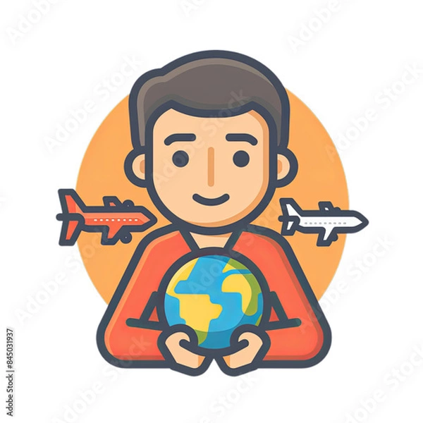 Fototapeta Man with globe and airplane icon representing a traveler