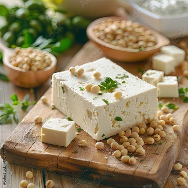 Fototapeta Feta cheese and tofu on a wooden board with soy beans in the background