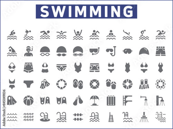 Fototapeta Set of swimming and pool Icons line style. Contains such Icons as diving, summer, beach activity, swimsuit, bikini, trunks, swimming cap, glasses, flippers, swim And Other Elements.