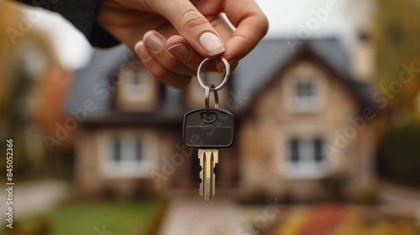Fototapeta Hand holding house keys in front of a beautiful home, representing real estate, home ownership, or property purchase.