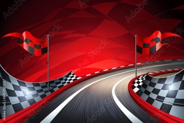 Fototapeta A red checkered race track with a checkered flag pole