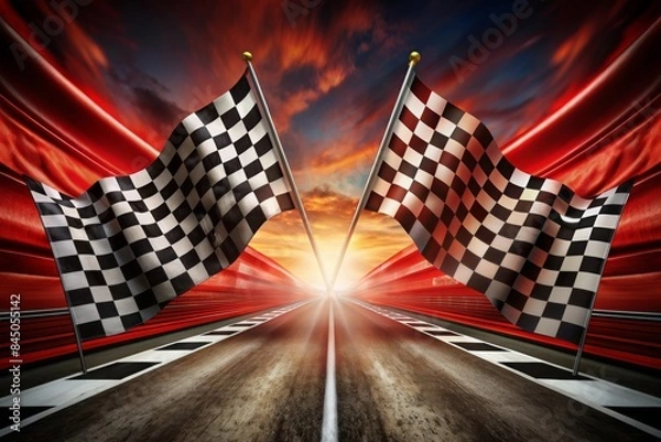 Fototapeta Two checkered flags are on a red surface