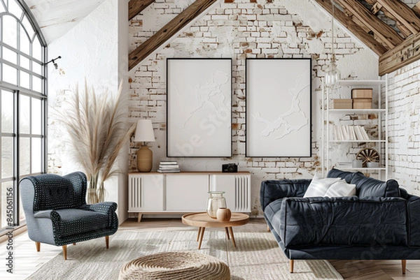 Obraz living room wall art mock up, home interior, house indoor, double oil painting mock up, house bedroom background, two vertical blank canvas mock up