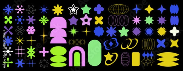 Fototapeta Set of basic brutal forms and figures in Y2K aesthetics for vintage stickers, logos, labels. Decorative vector elements.