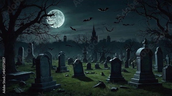 Obraz A creepy graveyard at night with old, crooked tombstones, glowing eyes peering from the darkness