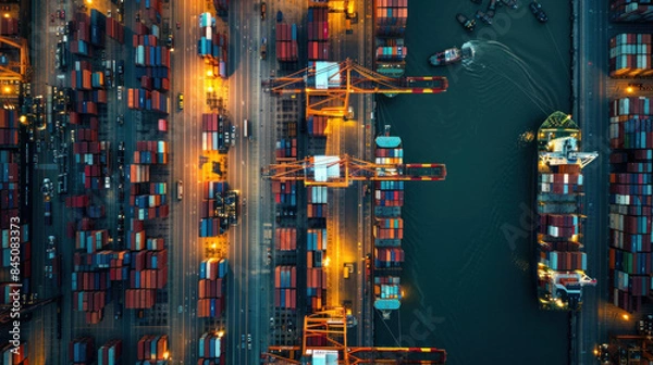 Fototapeta At the container shipping port, towering cranes move with precision, loading and unloading containers onto ships, facilitating the efficient flow of goods across the world.
