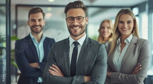 Fototapeta A group of four professional individuals posing confidently in a modern office setting, with a focus on the smiling man in front