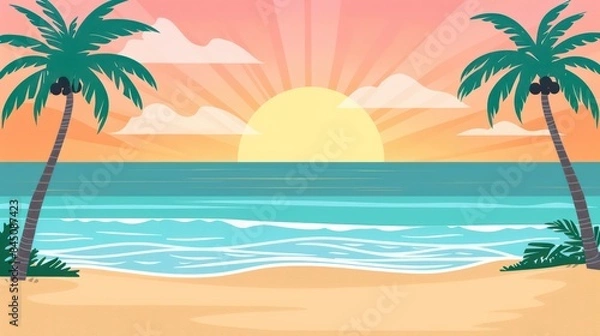 Fototapeta A tranquil, colorful illustration of a tropical sunset, featuring palm trees, ocean waves, and a warm, sandy beach under a radiant sky