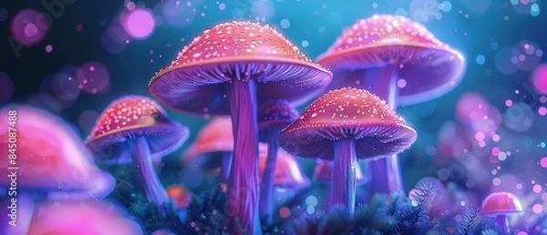 Fototapeta Magic mushrooms psychedelic mushrooms with neon light background