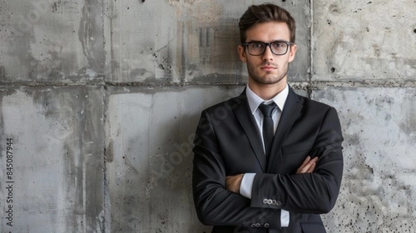 Fototapeta A professional looking young man in a suit stands confidently with arms crossed against a textured concrete wall