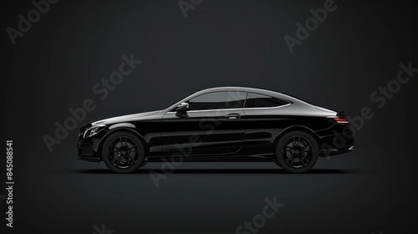 Fototapeta A side view of a modern, sleek black luxury coupe with sporty rims on a dark gradient background, highlighting the car's elegant design