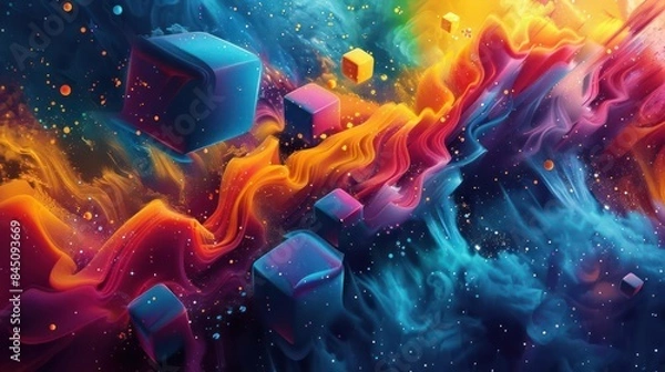 Fototapeta Dynamic Fluid Geometry, A Vibrant Digital Mosaic of Cubes in Abstract Form
