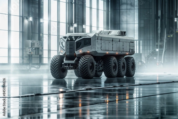 Fototapeta Futuristic Autonomous Concept Truck Showcased in Minimal Showroom with High Depth of Field