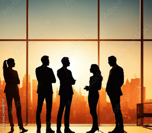 Obraz Global communication network concept with interconnected business nodes and human resources collaboration across worldwide platforms, business people in meeting with group for feedback and discussion