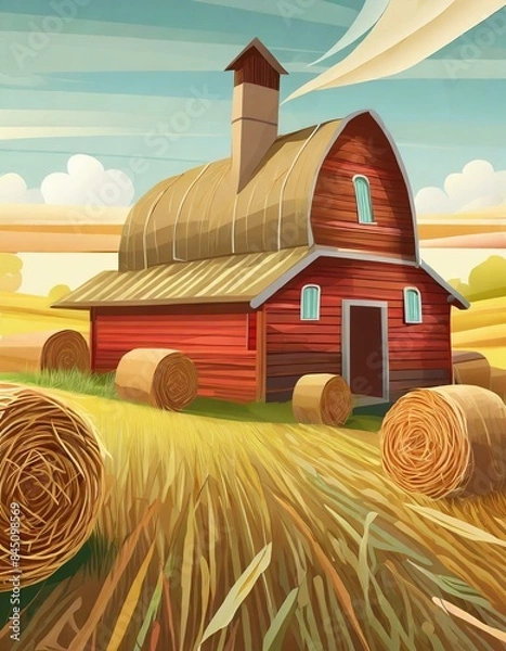 Obraz landscape with hay bales and barn