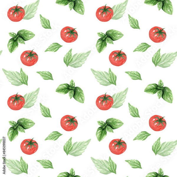 Fototapeta Seamless pattern from tomatoes and green basil, herbs. Hand drawn watercolor illustration on white background. Template for design menu, textiles, printing, packaging.