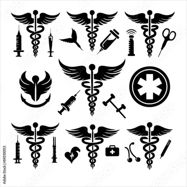 Fototapeta Caduceus health symbol silhouettes vector, Apotheke icon vector, Health logo vector. caduceus. rod of Asclepius.