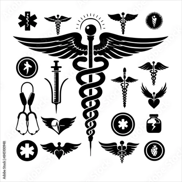 Fototapeta Caduceus health symbol silhouettes vector, Apotheke icon vector, Health logo vector. caduceus. rod of Asclepius.