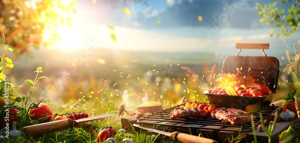 Obraz BBQ food party summer grilling meat in the afternoon concept of Eid ul adha in background