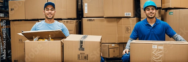 Obraz workers in a warehouse with shipping Boxes in background, 2 workers in a Import export trading business, Drop shipping workers 