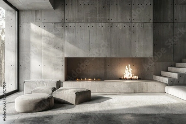 Fototapeta Minimalist style living room design with fireplace and concrete walls, featuring modern decor and simple furnishings for a sleek look