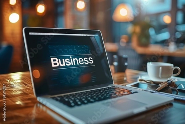 Fototapeta light modern workspace, Laptop, notebook, "Business" on the screen.