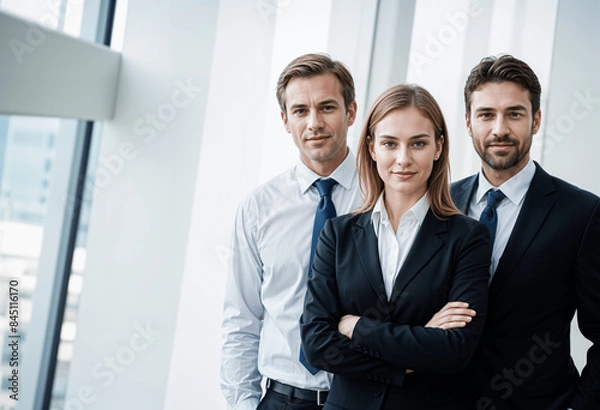 Obraz Smiling successful businesswoman in formal black clothes standing with Team, leading Businessman and Businesswomen, Working in Business Industry