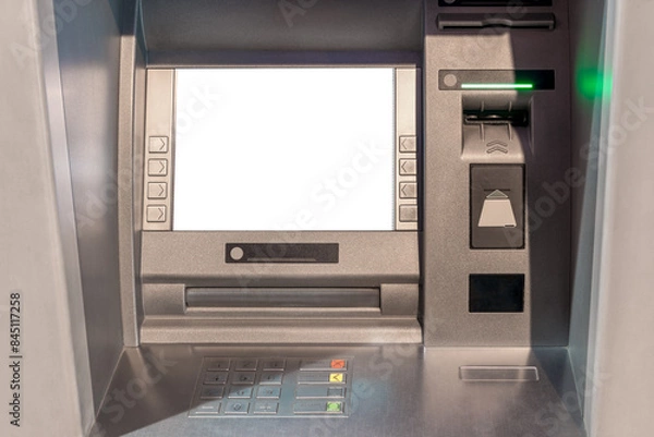Fototapeta Mockup Of ATM Machine Close-Up With Blank Screen For Your Branding