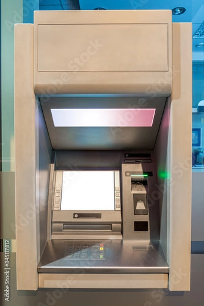 Fototapeta Mockup Of Street ATM Teller Machine With Blank Screen For Your Branding