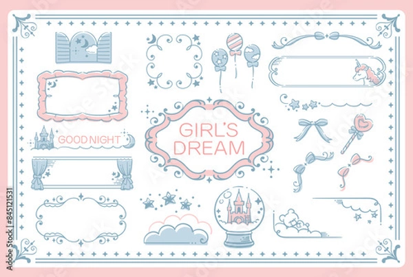 Obraz ゆめかわ、ガーリーなパステルトーンのイラスト素材。フレームやコーナーも。ベクターイラスト素材。