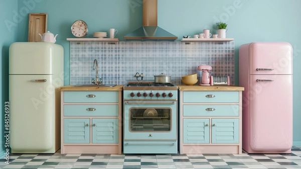 Obraz Vintage kitchen with pastel appliances and checkered floor, retro home decor, nostalgic interior, copy space for text.