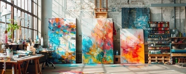 Obraz Artist studio with canvases and paint supplies, vibrant and creative environment, copy space for text.