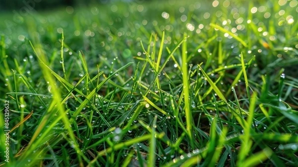 Fototapeta Dew lingering on the grass in the morning after rain