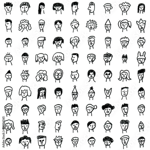 Fototapeta 人々の顔　手描きのイラスト　セット