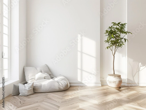 Fototapeta Meditation space in a room with serene vibes, minimal furniture and copyspace. Home interiors composition.