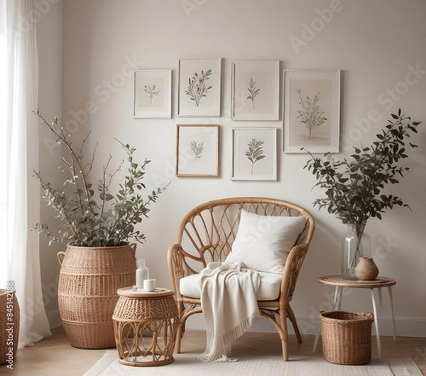 Fototapeta Mockup poster frames on the wall of dining room. Modern Interior mockup. Apartment background. Modern Japandi interior design. 3D render